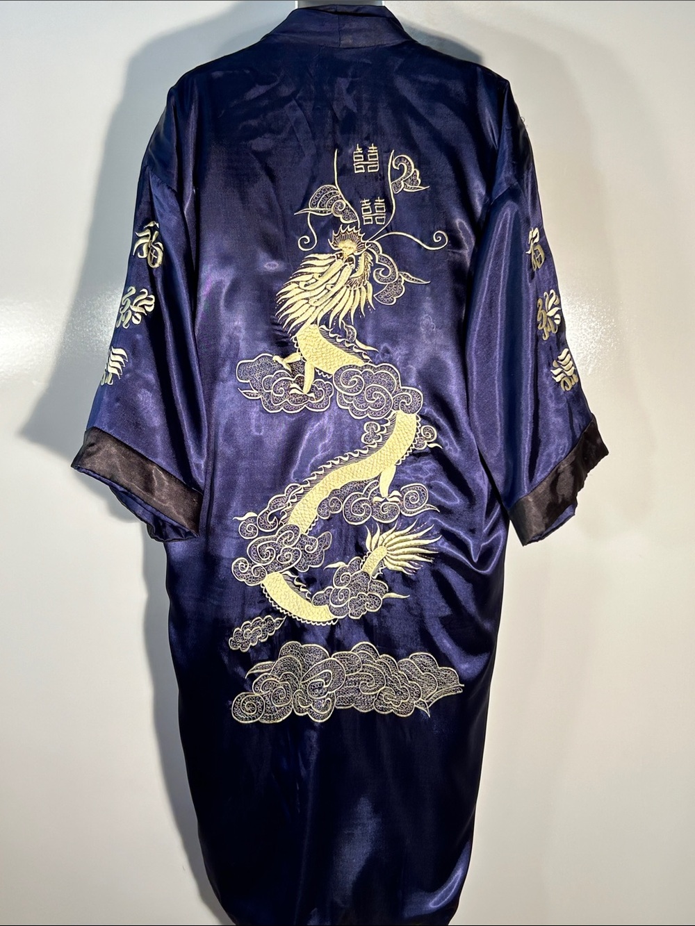 Reversible Dragon Embroidered Navy & Black Long Kimono Asian Oriental Theater